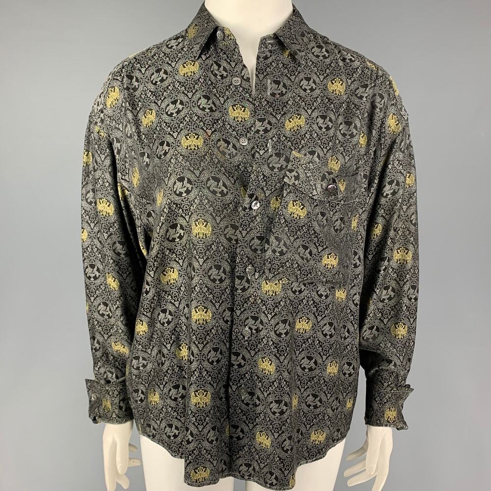BYBLOS Size 14 Grey Black Print Spread Collar Shirt